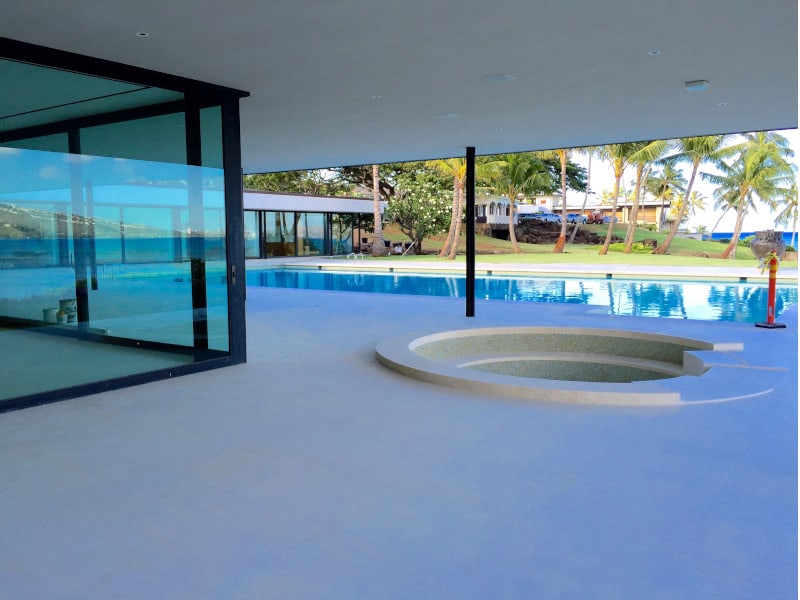 Sunken limestone bar under covered lanai.